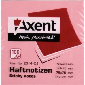 Блок паперу з клейким шаром, 75x75 мм, 100 арк. рожевий "Axent" 2314-03-А