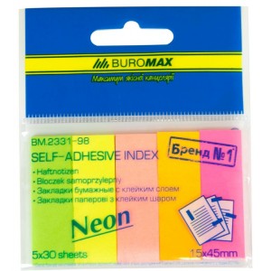 Закладки паперові NEON, 45x15 мм, 5 кол. по 30 арк. "BuroMax" BM.2331-98