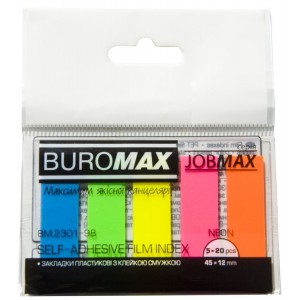 Закладки пластикові NEON, JOBMAX, з клейким шаром, 45x12 мм, 5 кол.по 20 арк "BuroMAX" BM.2301-98