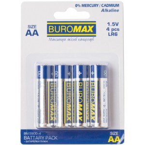 Батарейка BUROMAX AA ALKALINE 1,5V (LR6), на блістері по 4 штуки BM.5900-4