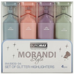 Набір з 4х текст-маркерів MORANDI STYLE Glitter (рожевий, бузковий, оливковий, графітовий) "BuroMAX" BM.8909-94