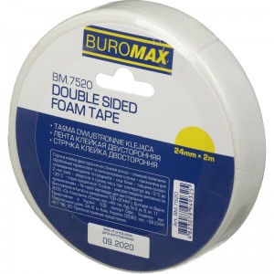 Двостороння клейка стрічка, на пінній основі 24 мм х 2м "BuroMAX" BM.7520